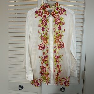 Chico's Women’s Cotton Silk Blend White Floral Print Button-Down Shirt